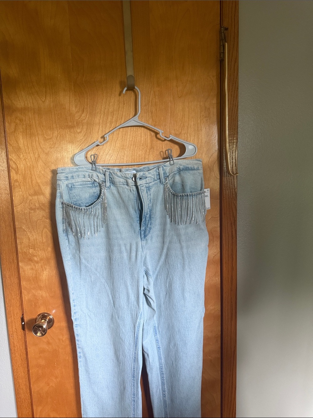 Good American Light Blue High-Rise Jeans with Rhinestone Fringe